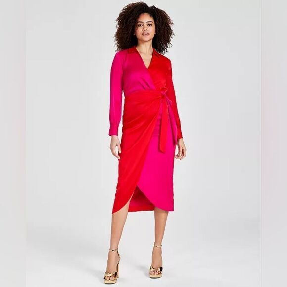 NWT Anne Klein Long-Sleeve Collared Color-Block Satin Faux-Wrap Midi Dress 6 - Picture 1 of 10